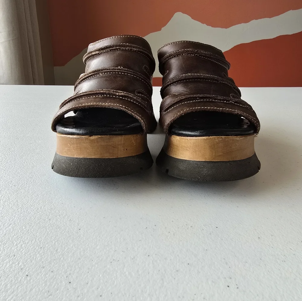 London Underground Platform Sandals‎ Wood Leather Slip On Retro Chunky 90s Bratz
